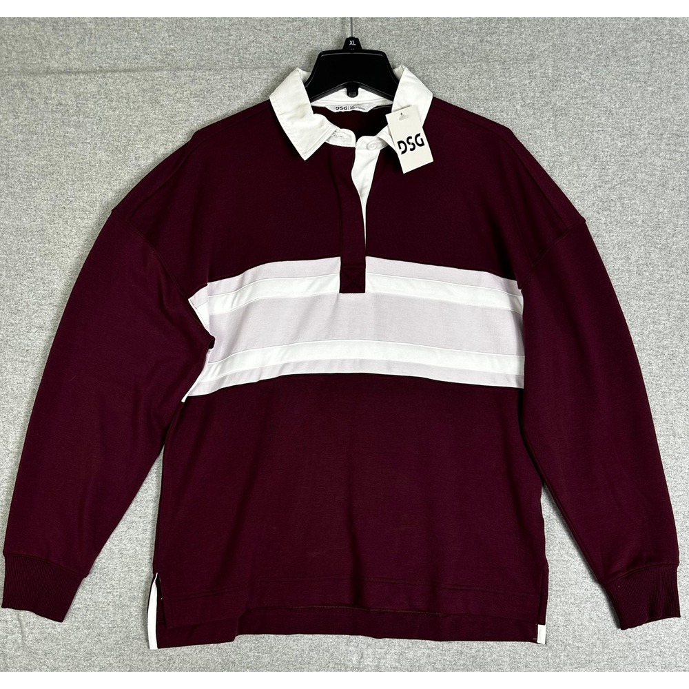 NEW DSG So Soft Henley Shirt Womens M Burgundy Long Sleeve Rugby Polo Striped